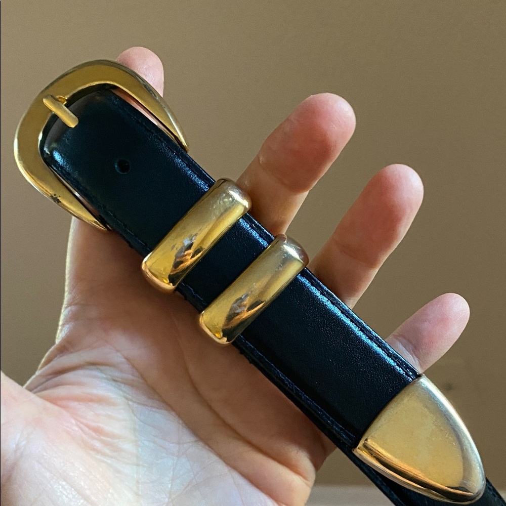 Genuine Leather Black Belt Gold Tone | Women’s Large 30.5–34.5”